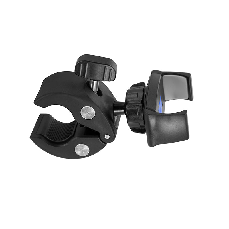 The Mobile Grip 5 Phone Holder with Clamp Mount is a black adjustable mount featuring a knob and rubber grips, ideal for securely attaching your phone to handlebars, poles, or exercise equipment. Displayed against a white background.