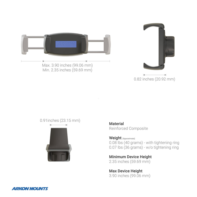The Mobile Grip 5 Phone Holder with Clamp Mount is displayed from front, side, and top views, featuring adjustable grips, measurements, and device specs. The Arkon Mounts logo appears bottom left—ideal for exercise equipment attachment.