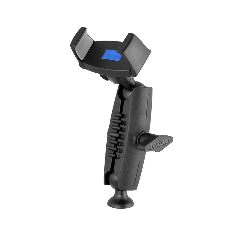 The Mobile Grip 5 Tripod Phone Mount is a black adjustable bracket with a clamp holder, featuring a gear mechanism and Arkon-labeled knob—perfect for securing phones or GPS units and adjusting angles easily.