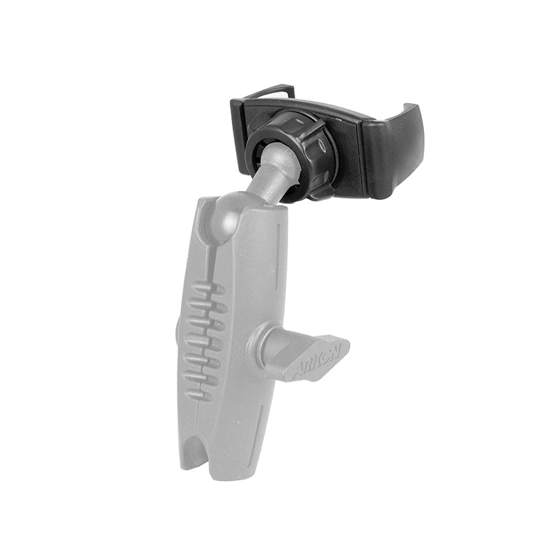 The Mobile Grip 5 Universal Phone Holder features a black and gray adjustable bracket with a clamp on one end, a jointed arm for flexible positioning, and a 17mm ball pedestal. The lower semi-transparent arm highlights the clamp for easy use.
