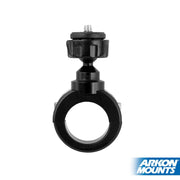 The black aluminum Motorcycle Handlebar Camera Mount for Canon, Sony, and Contour action cameras features a circular bracket with a top screw for attaching devices to handlebars. The Arkon Mounts logo is visible in the bottom right corner.