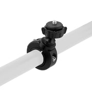 The black aluminum Motorcycle Handlebar Camera Mount attaches to a white cylindrical pole, fitting Canon, Sony, and Contour action cameras with a 1/4-20 mounting pattern.