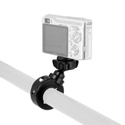 The Motorcycle Handlebar Camera Mount for Canon, Sony, and Contour Action Cameras in black aluminum securely attaches cameras to handlebars, featuring a compact design with a 1/4-20 mount ideal for bike or motorcycle setups.