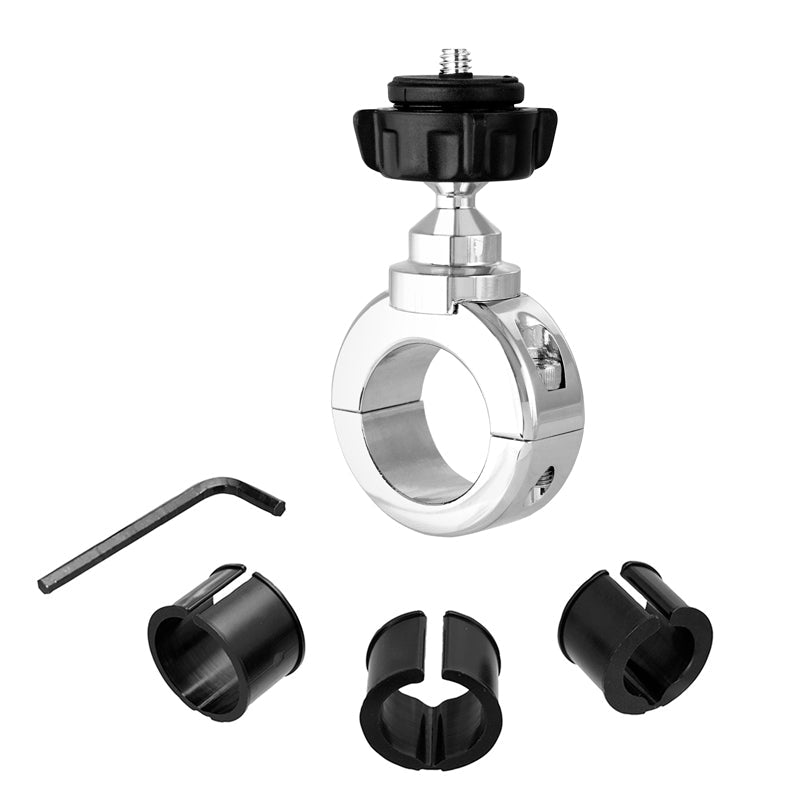 The Motorcycle Handlebar Camera Mount for Canon, Sony & Contour Action Cameras (Chrome Aluminum) features a silver and black adjustable design, large knob, three black inserts, Allen wrench, and 1/4-20 mounting pattern.