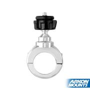 The Motorcycle Handlebar Camera Mount for Canon, Sony, and Contour Action Cameras—chrome aluminum with a circular clamp and screw knob (1/4-20 mounting pattern)—is shown on a white background with the Arkon Mounts logo in the bottom right corner.