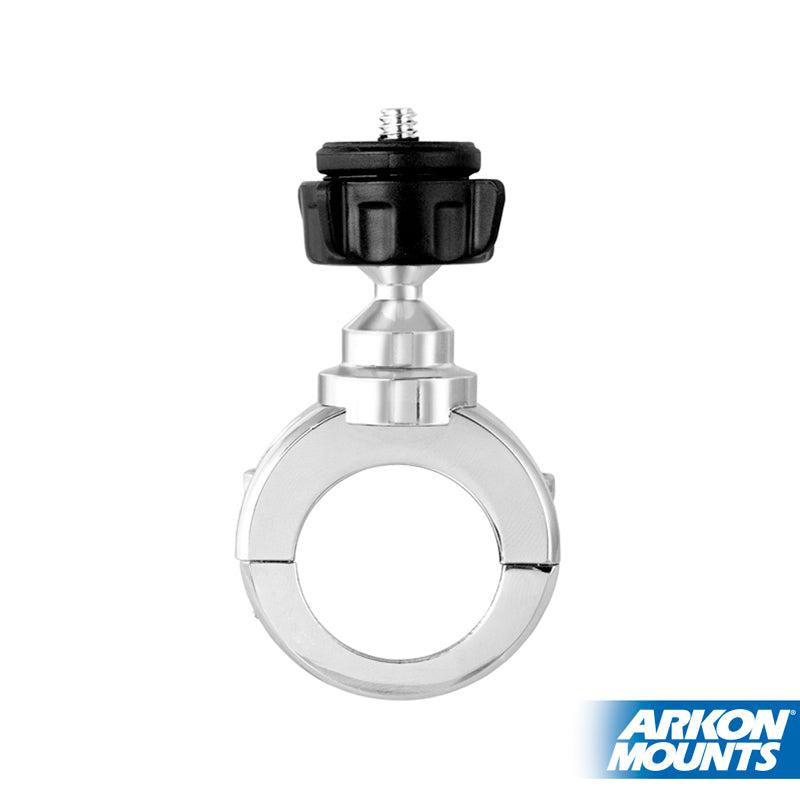 The Motorcycle Handlebar Camera Mount for Canon, Sony, and Contour Action Cameras—chrome aluminum with a circular clamp and screw knob (1/4-20 mounting pattern)—is shown on a white background with the Arkon Mounts logo in the bottom right corner.