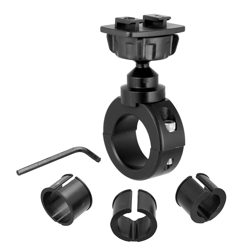 The Motorcycle Handlebar Mounting Pedestal - Black Aluminum - Dual-T Compatible features an adjustable knob, circular clamp, Allen wrench, and plastic inserts for multiple tube sizes—perfect for mounting on motorcycle handlebars.