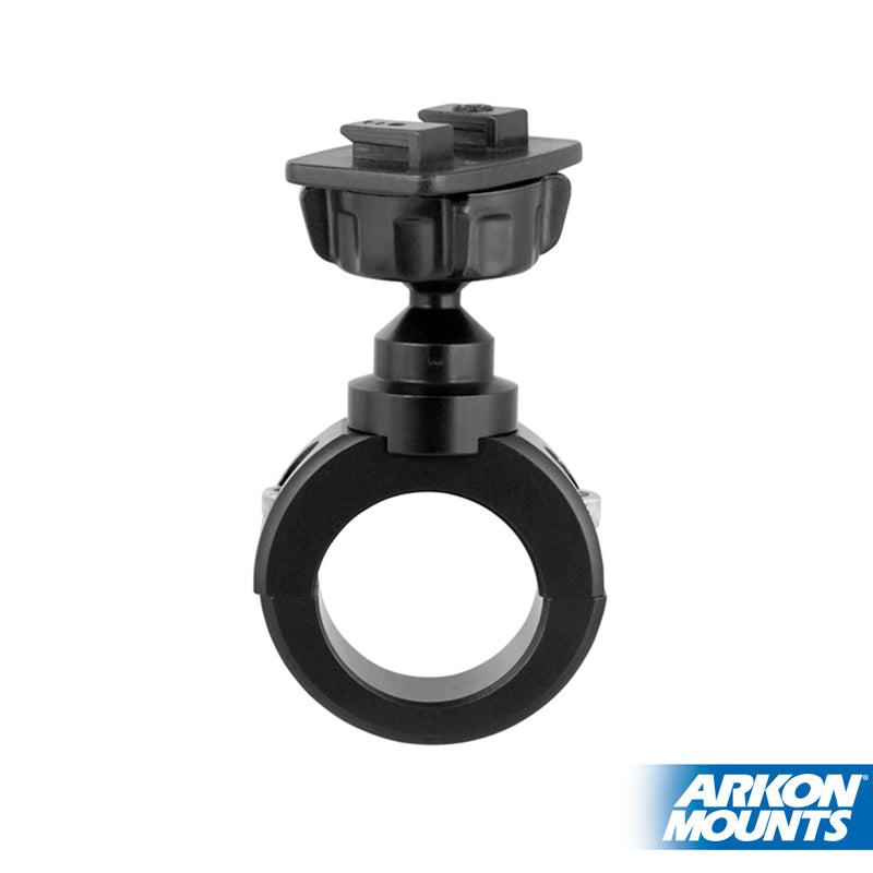 A black Motorcycle Handlebar Mounting Pedestal by Arkon Mounts, made of aluminum, features an adjustable knob and square plate. Dual-T compatible and suited for universal smartphone holding. Arkon Mounts logo shown at bottom right.