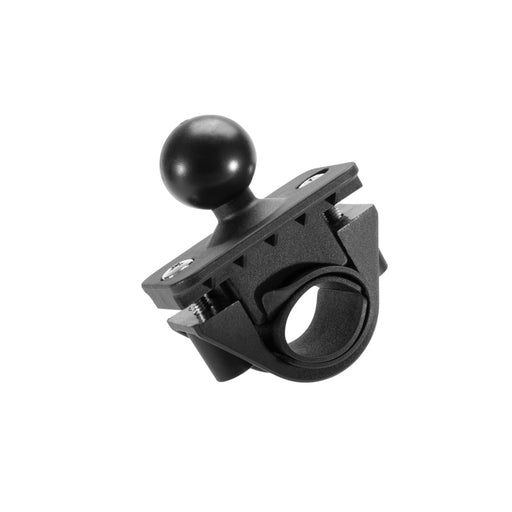 The Motorcycle or Bicycle Handlebar Mount - 25mm (1 inch) Ball Compatible features a black plastic and metal bracket with a 25mm ball joint and circular clamp for secure attachment to handlebars or other cylindrical objects.