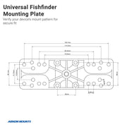 Technical diagram of the Mounting Plate - 38mm (1.5 inch) Ball Compatible, showing a rectangular design with multiple holes, detailed millimeter measurements, a 4-Hole AMPS pattern, and the Arkon Mounts logo at bottom left.
