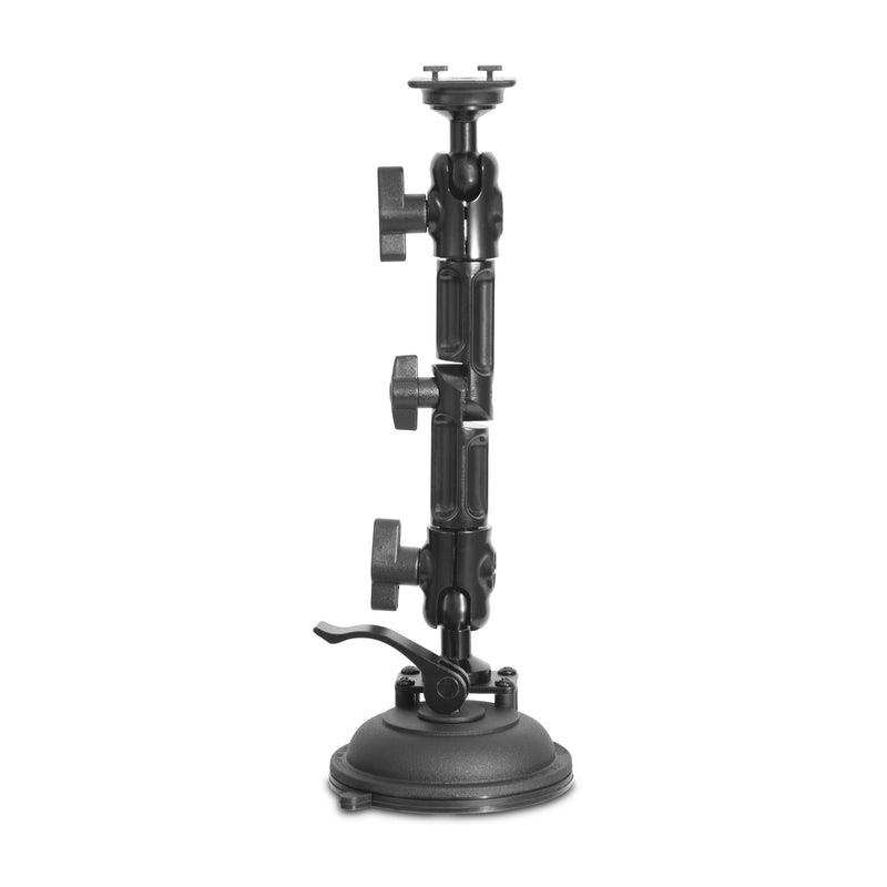 The Multi-Angle Heavy-Duty Windshield Mount, shown upright against a white background, features a black adjustable arm with three locking knobs and a durable suction cup base—ideal for commercial vehicle use.