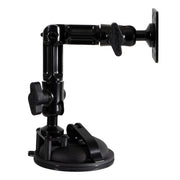 The Multi-Angle Suction AMPS Mount is a black adjustable mounting arm with multiple joints and locking knobs, featuring a round suction base for securely holding tablets on smooth surfaces.