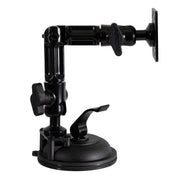 The Multi-Angle Suction AMPS Mount is a black adjustable arm with a suction cup base and multiple tightening knobs, designed for secure device or tablet attachment on smooth surfaces.