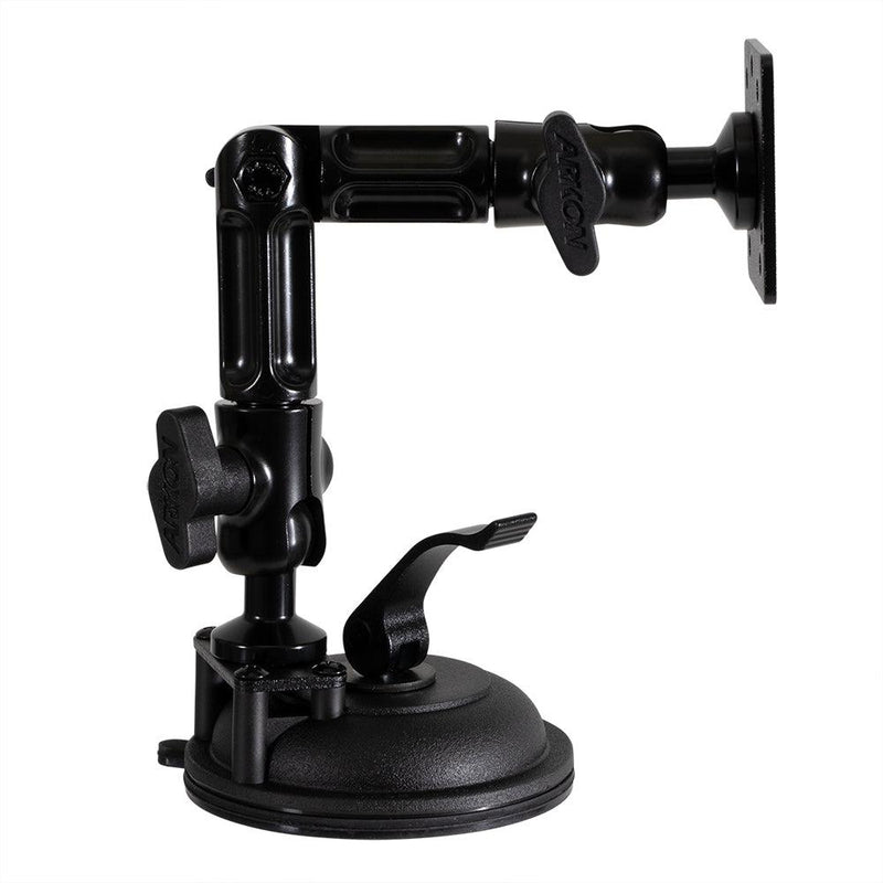 The Multi-Angle Suction AMPS Mount is a black adjustable arm with a suction cup base and multiple tightening knobs, designed for secure device or tablet attachment on smooth surfaces.