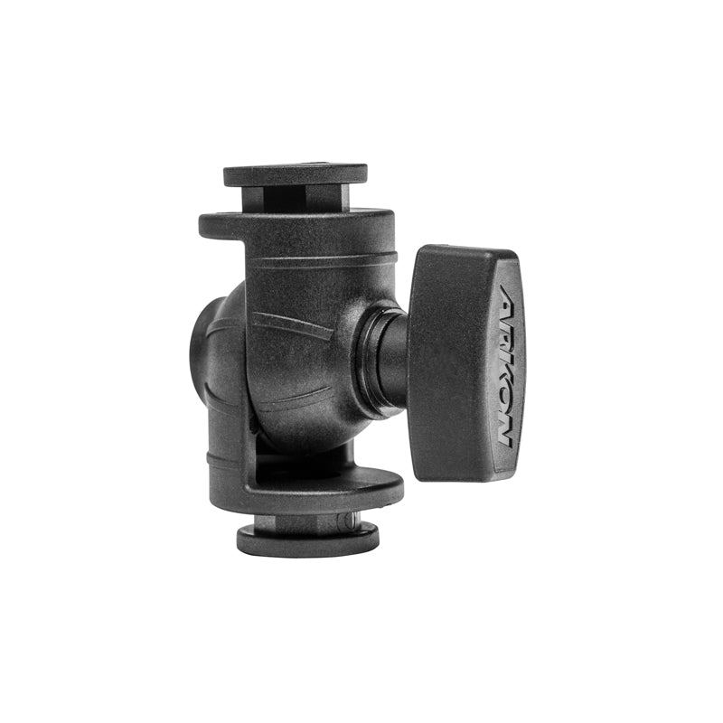 The OCTO™ Series 2.5 inch Ratchet Elbow is a black plastic adjustable mount with a side tightening knob, featuring an AVKON label and adjustment groove. Its single socket arm design ensures secure device attachment and precise angling.