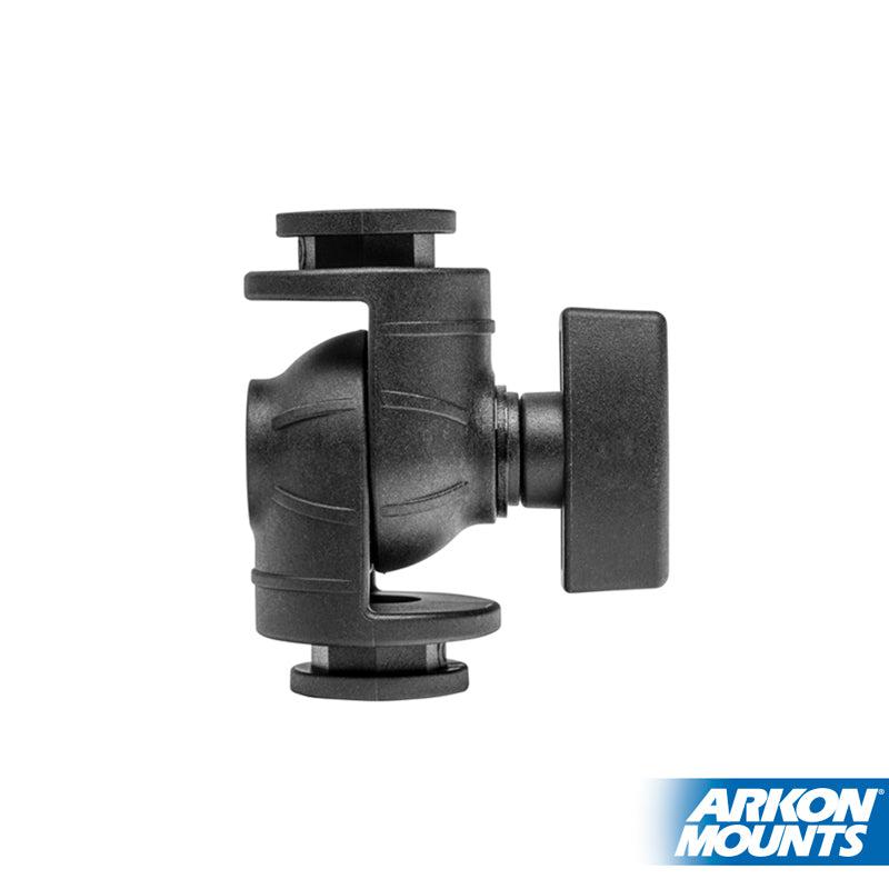 Side view of a black OCTO™ Series 2.5 inch Ratchet Elbow with a single socket arm, knob for tightening, and two attachment slots. The Arkon Mounts logo appears in the bottom right corner.
