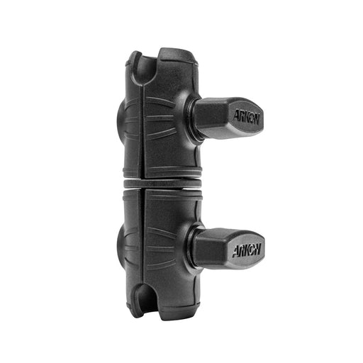 The OCTO™ Series 4.25 inch Double Socket Swivel Shaft Arm is a black clamp with dual adjustable AMKON-branded knobs, textured surfaces, and secure 25mm mount with double-ball rotation, shown vertically on a white background.