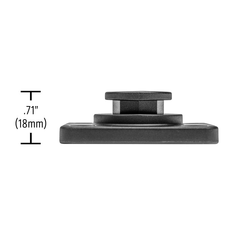 The OCTO™ Series Button Pattern to 4-Hole AMPS Rectangular Adapter in black features a raised center, side profile showing its 0.71 (18 mm) height. Compatible with Arkon Mount and octagonal button systems. Shown on a plain white background.