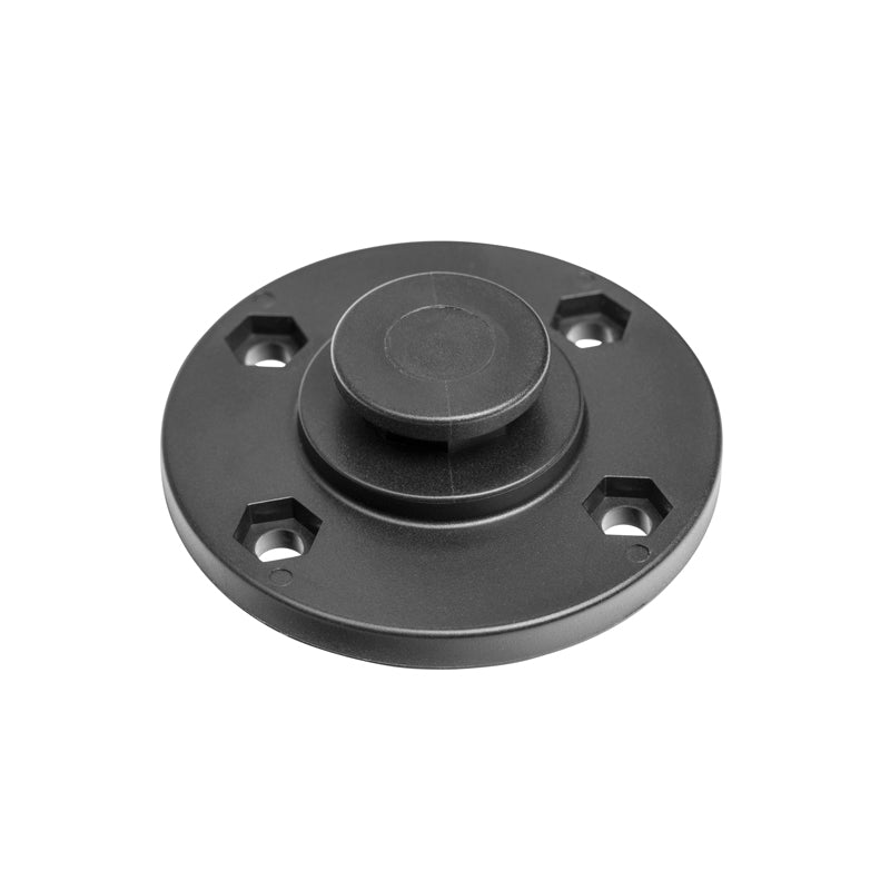 The OCTO™ Series Button Pattern to 4-Hole AMPS Round Adapter is a black, round plastic mounting plate with a raised center and four hexagonal holes, shown on a white background.