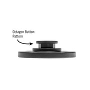 A side view of the OCTO™ Series Button Pattern to 4-Hole AMPS Round Adapter shows its black circular design with an octagonal button on top, compatible with AMPS drill-base mounts or Arkon shaft arm adapters.
