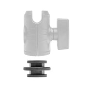 The OCTO™ Series Composite Double Button, a black plastic spacer with two flanges, is shown below a partly transparent clamp featuring a knob and octagon-patterned components on a white background.