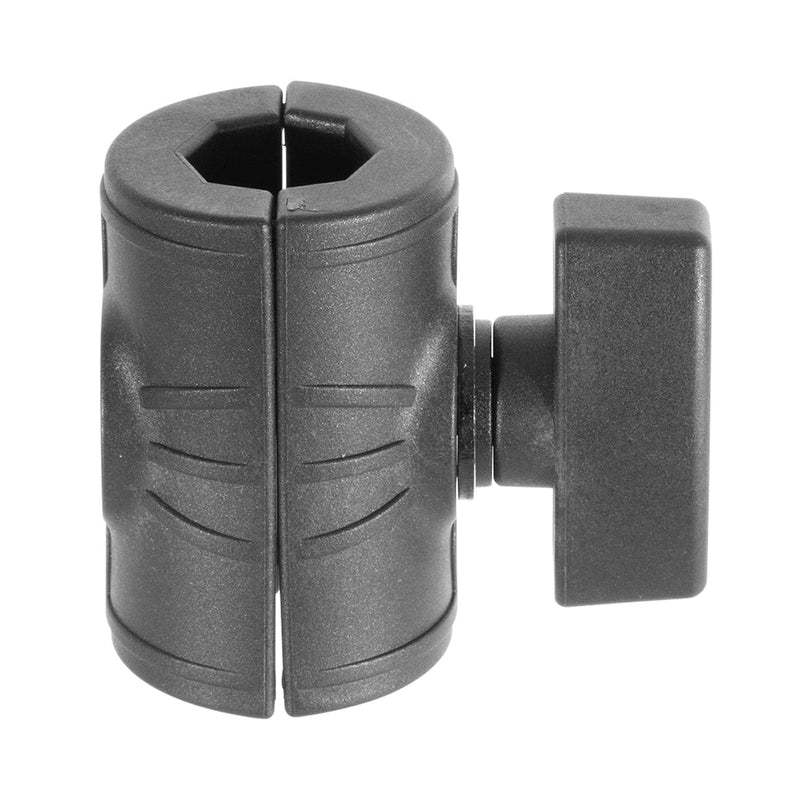 The OCTO™ Series Double Octagon Socket Arm is a black clamp with hexagonal openings and a large tightening knob, designed as an add-on component to grip or hold cylindrical objects.