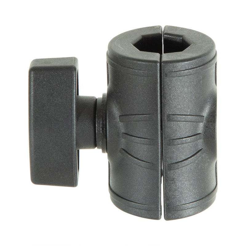 The OCTO™ Series Double Octagon Socket Arm is a black plastic clamp with a textured knob and split opening, designed to easily tighten and secure two cylindrical objects together.
