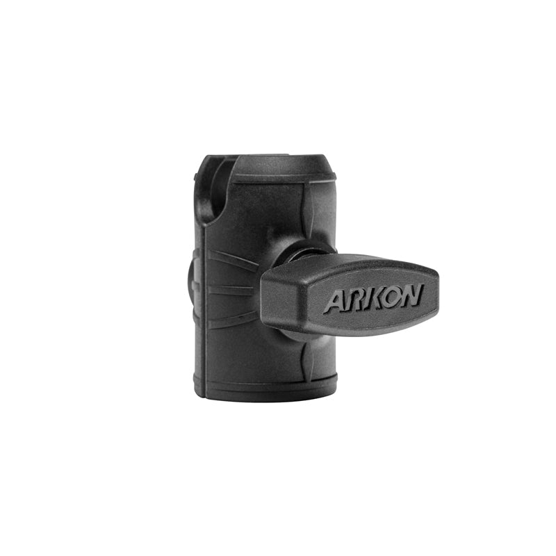 Black plastic OCTO™ Series Single 25mm (1 inch) Ball Socket Arm with Octagon Button Socket, part of the Robust Mount Series; features a central knob and is shown isolated on a white background.