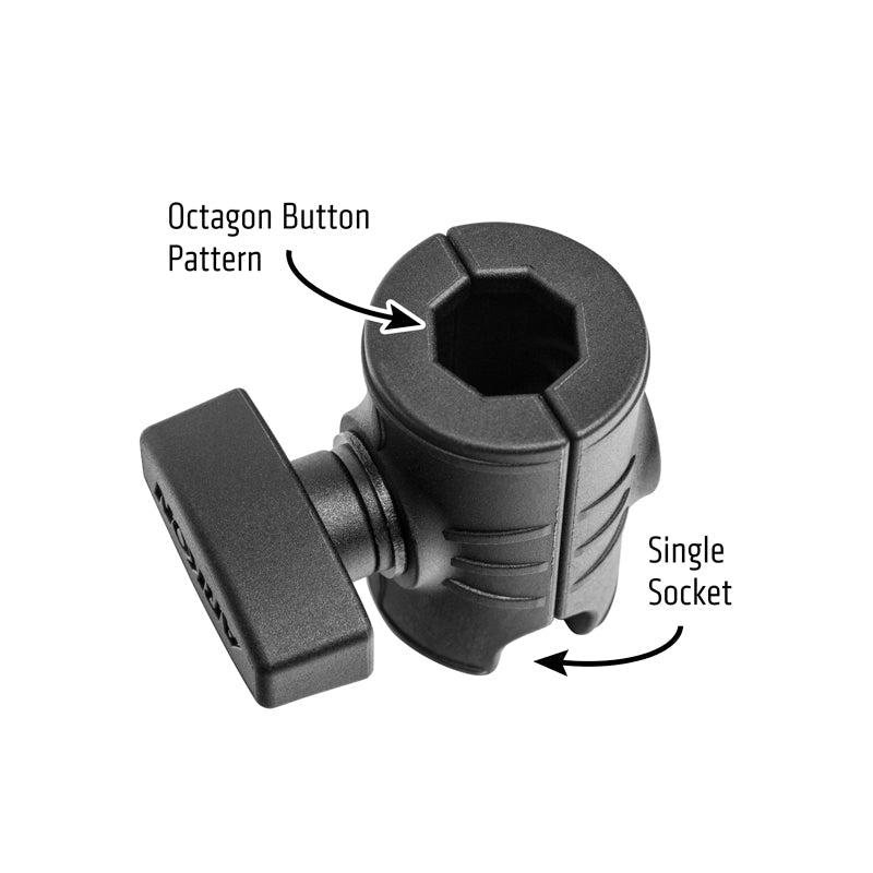 The OCTO™ Series Single 25mm Ball Socket Arm features an Octagon Button Socket on top and a 25mm ball mount Single Socket on the side, shown against a white background with arrows highlighting each component.