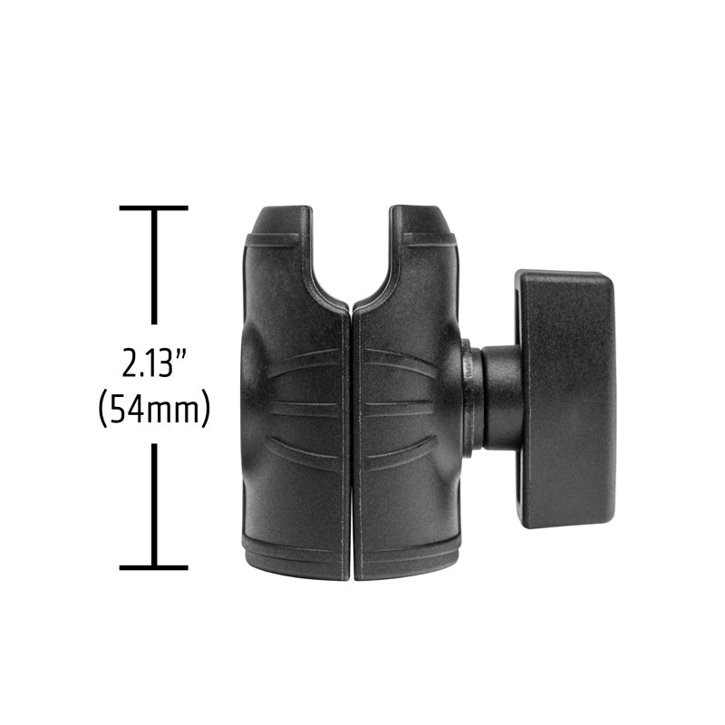 The OCTO™ Series Single 25mm (1 inch) Ball Socket Arm with Octagon Button Socket is a black plastic mount featuring a right-side knob and central vertical opening. It stands 2.13 inches (54 mm) tall, shown against a white background.