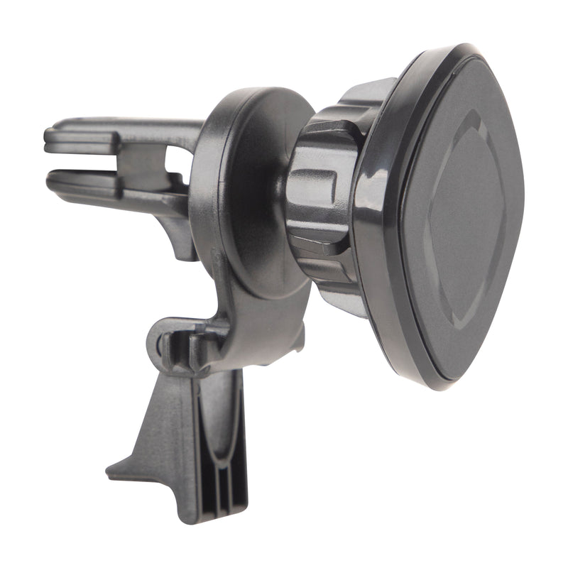 The Magnetic Holder with Vent Mount is a black car phone mount with a vent clip attachment, featuring a circular magnetic pad and an adjustable knob for secure positioning on your car’s air vent.