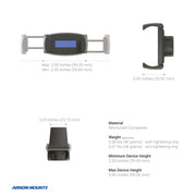 The Phone Tripod Mount and LED Ring Light Bundle is displayed from multiple angles with measurements. Details like material, weight, and supported device heights are listed. The Arkon Mounts logo appears at the bottom left.
