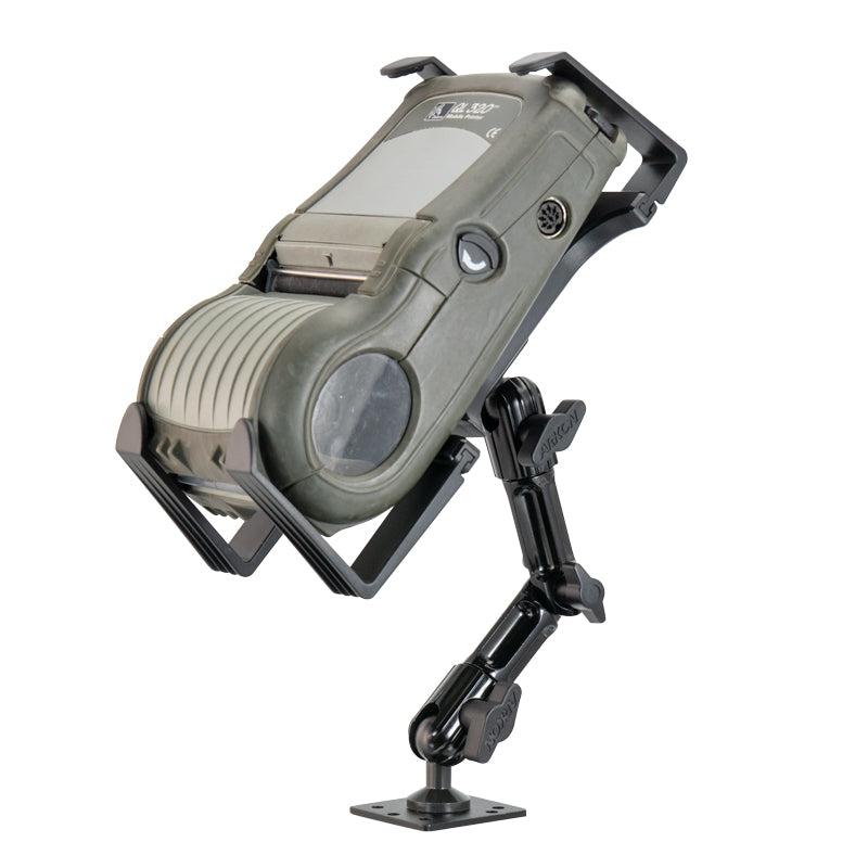 The Portable Mobile Printer Car Truck Drill Base Mount for Zebra, Epson, and Brother printers is a rugged military-style mount with an adjustable black arm, sturdy base, green-grey casing, and multiple control features.