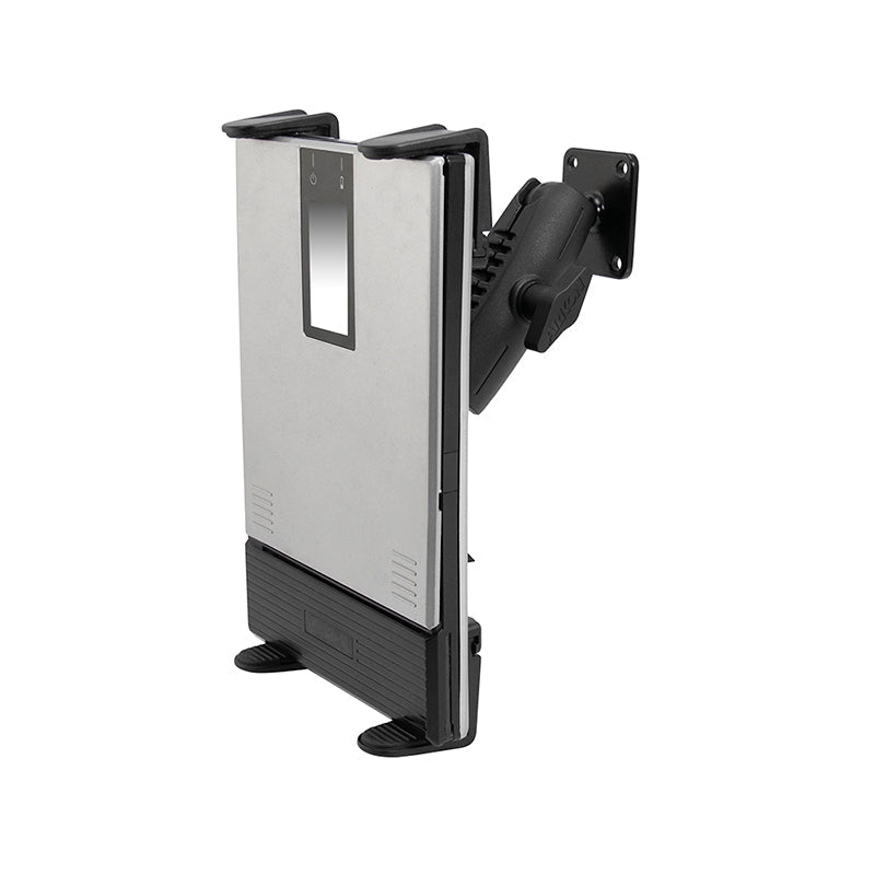 A portable drill base mount for Zebra, Epson, and Brother printers—ideal for cars or trucks. Features a durable metal design with an adjustable arm and flat rectangular base, perfect as a mobile workstation or secure printer mount.