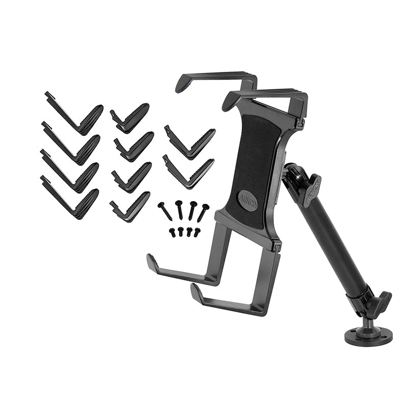 A Portable Mobile Printer Car & Truck Mount with Drill Base for Zebra, Epson, Brother Printers is shown in black, disassembled with all grip attachments and screws displayed on a white background.