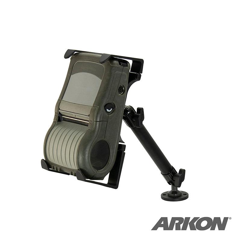The Portable Mobile Printer Car & Truck Mount with Drill Base for Zebra, Epson, and Brother Printers is a rugged, handheld holder with an adjustable black arm and round base. The ARKON logo appears in the bottom right corner.