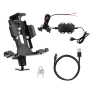 The LockVise™ Metal Locking Tablet Mount with drill base, adjustable arms, magnetic Lightning charge cable, wired power adapter, and two metal keys with keyring is displayed on a white background.