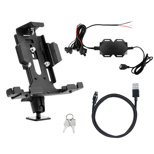 The LockVise™ Metal Locking Tablet Mount with drill base, adjustable arms, magnetic Lightning charge cable, wired power adapter, and two metal keys with keyring is displayed on a white background.