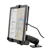 A tablet displaying a map is mounted on the LockVise™ Metal Locking Tablet Mount with Drill Base and Magnetic Lightning Charge Cable for secure attachment in commercial vehicles.