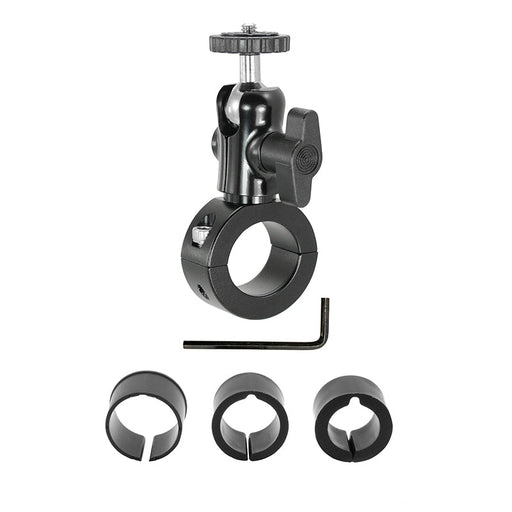 The Premium Aluminum Motorcycle Handlebar Camera Mount, shown in black with a tightening knob, includes three circular adapters and a hex key tool—perfect for mounting cameras on handlebars. All items are displayed on a white background.