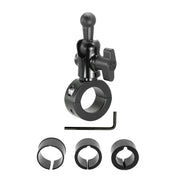 The Premium Aluminum Handlebar Mount with 17mm Ball for Garmin nuvi GPS is shown in black, featuring an adjustable knob, ball joint, and interchangeable inserts. An L-shaped hex key and three circular inserts are also included below the mount.