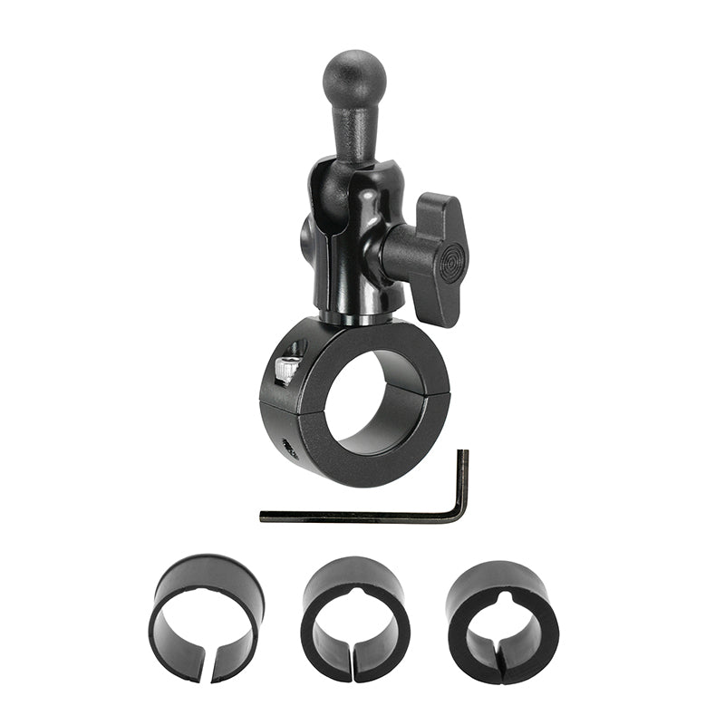The Premium Aluminum Handlebar Mount with 17mm Ball for Garmin nuvi GPS is shown in black, featuring an adjustable knob, ball joint, and interchangeable inserts. An L-shaped hex key and three circular inserts are also included below the mount.