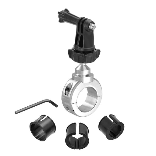 The Premium Aluminum Motorcycle Handlebar Mount for GoPro Action Cameras is a silver and black clamp with adjustable arm, Allen wrench, and four inserts for mounting cameras to cylindrical objects like handlebars.
