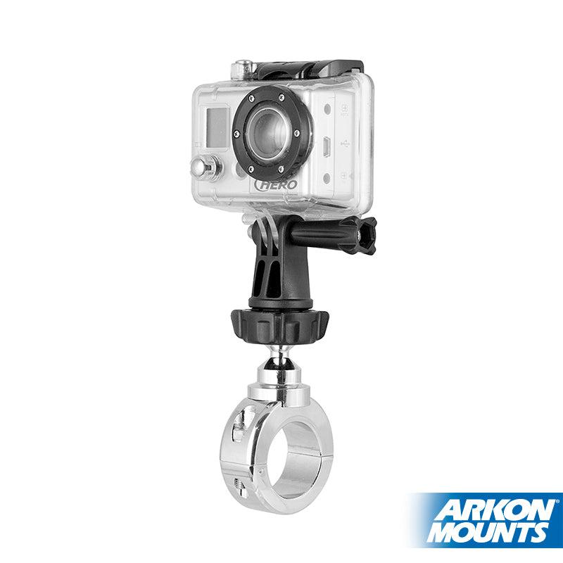 A GoPro action camera is attached to the Premium Aluminum Motorcycle Handlebar Mount for GoPro Action Cameras, which features an adjustable clamp. The Arkon Mounts logo appears in the bottom right corner.