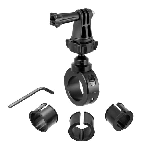 A Premium Aluminum Motorcycle Handlebar Mount for GoPro HERO Action Cameras in black, featuring a clamp, swivel arm, hex key, and three insert sizes for various handlebars—all arranged on a white background. Ideal for any action camera accessory kit.