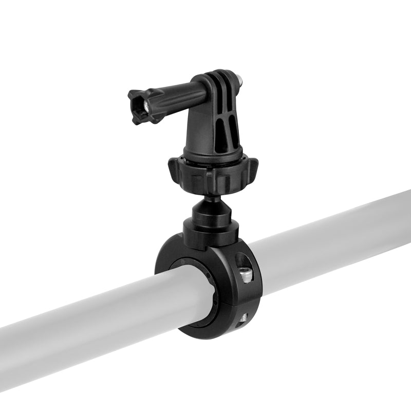 The Premium Aluminum Motorcycle Handlebar Mount for GoPro HERO Action Cameras features a black plastic and metal bracket attached to a gray cylindrical bar, with adjustable joints and a tightening knob for secure mounting.
