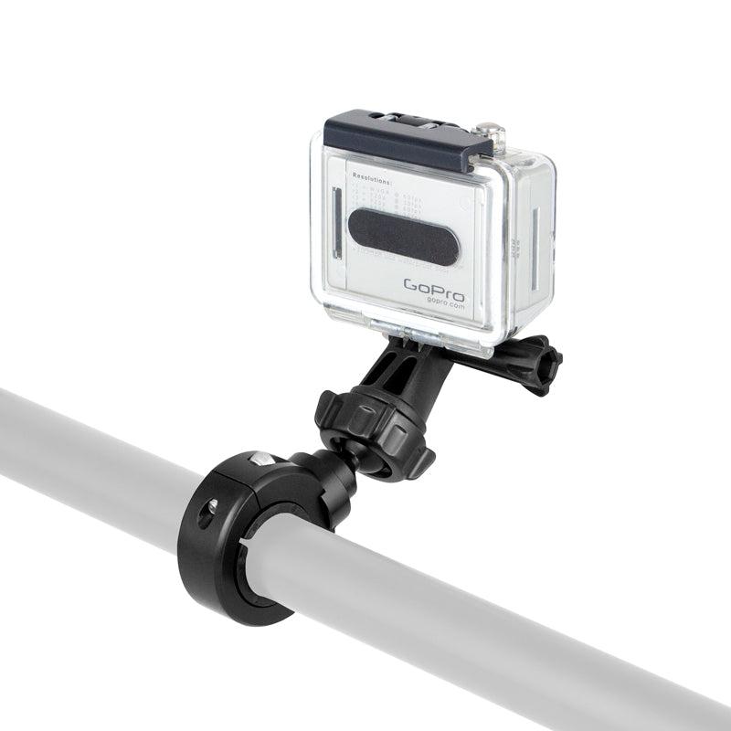 A GoPro HERO action camera is attached to a horizontal metal bar with the Premium Aluminum Motorcycle Handlebar Mount.