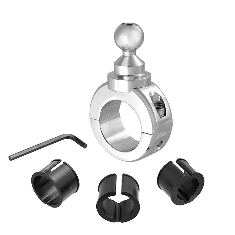 The Premium Motorcycle Handlebar Mount for Garmin GPS—chrome aluminum with a 17mm ball mount, three black plastic inserts, and a hex key—are displayed on a white background.