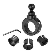 Premium Motorcycle Handlebar Mount for Garmin nuvi GPS - Black Aluminum, featuring a ball joint top, Allen wrench, and three plastic adapter inserts—perfect for securely mounting your device on handlebars.