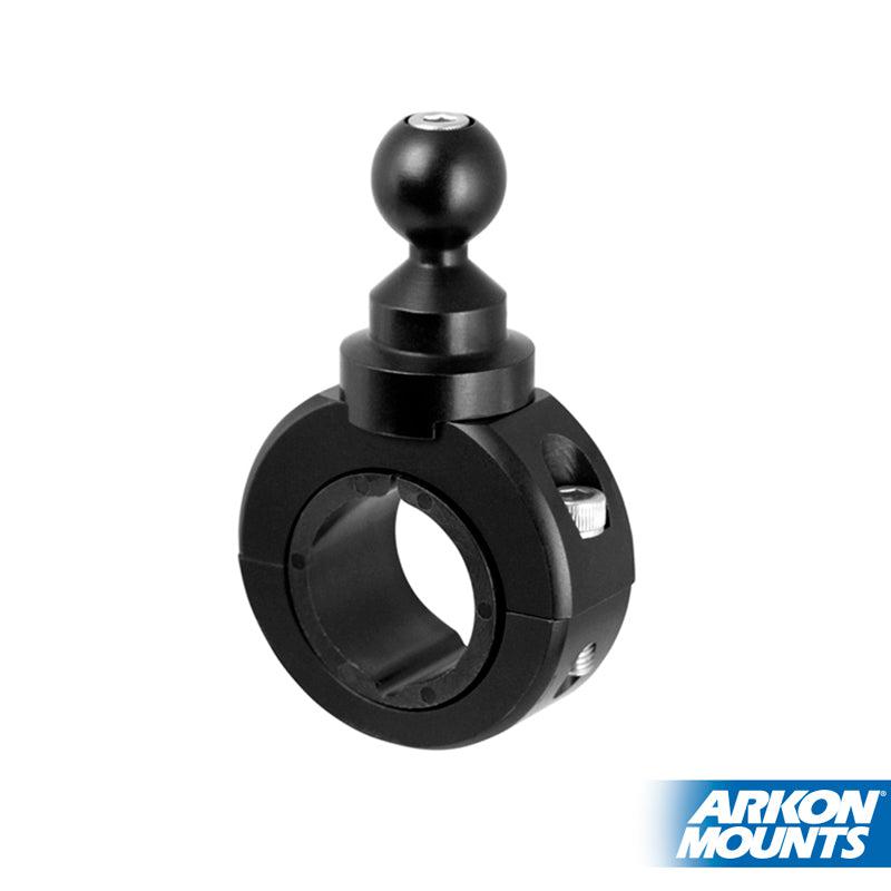 A Premium Motorcycle Handlebar Mount for Garmin nuvi GPS in black aluminum is pictured on a white background, with the Arkon Mounts logo visible in the lower right corner.